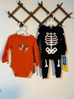 Carter's Orange 'My First Halloween' Bodysuit & 2 piece glow skeleton pajamas